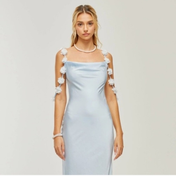 New Caroline Constas 3-D Flower Applique Trim Straps Satin Maxi Dress Pale Blue - Picture 5 of 12